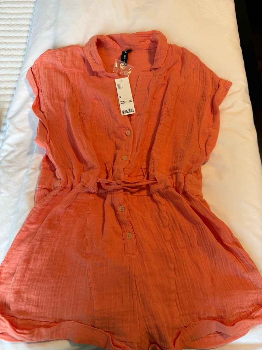 NEW Urban Outfitters Coral Button-Front Short Sleeve Romper with draw string M